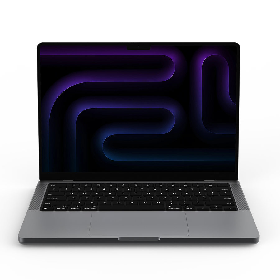 MacBook Pro 14-inch M5 in space black, open with keyboard and trackpad visible