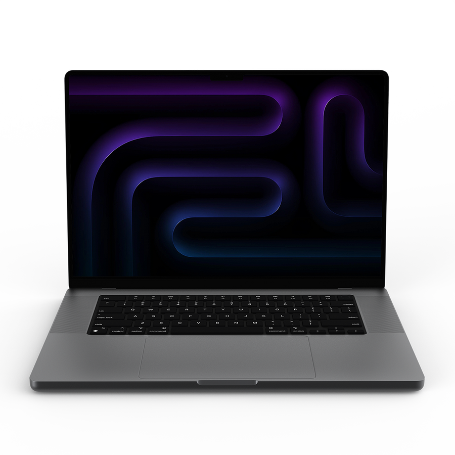 MacBook Pro 16-inch M5 Pro in space black, open with keyboard and trackpad visible